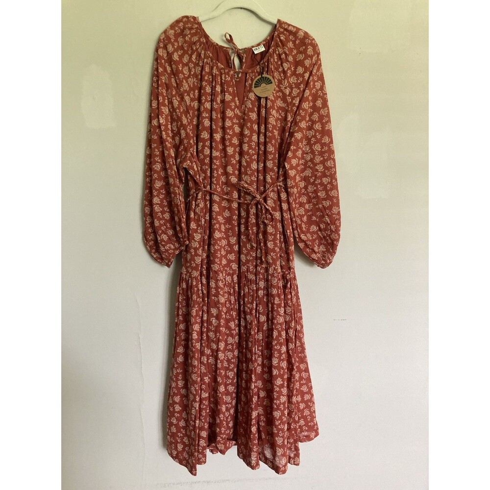 NEW Bila 77 ‘Talia’ Peasant Midi Dress SMALL Antique Brick Red Cotton India